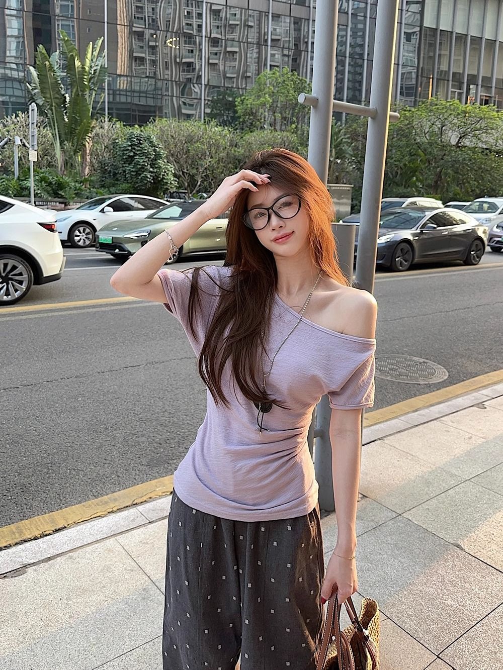 여성용 여름 신상 게으른 스타일 오프숄더 반팔 티셔츠, 타로 퍼플 사선 어깨 디자인 슬림핏 탑 도매