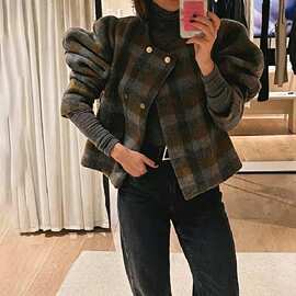 复古灰黄格纹短款毛呢外套女法式泡泡袖圆领双排扣小个子格纹呢子