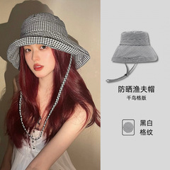 格子渔夫帽女韩版大帽檐春夏防晒防紫外线遮阳帽薄款可折叠太阳帽