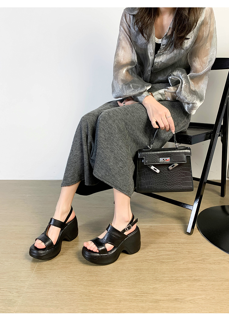 Sandal cao gót nữ hở mũi đế xuồng phong cách La Mã — màu đen, màu trắng ngà chi tiết 8