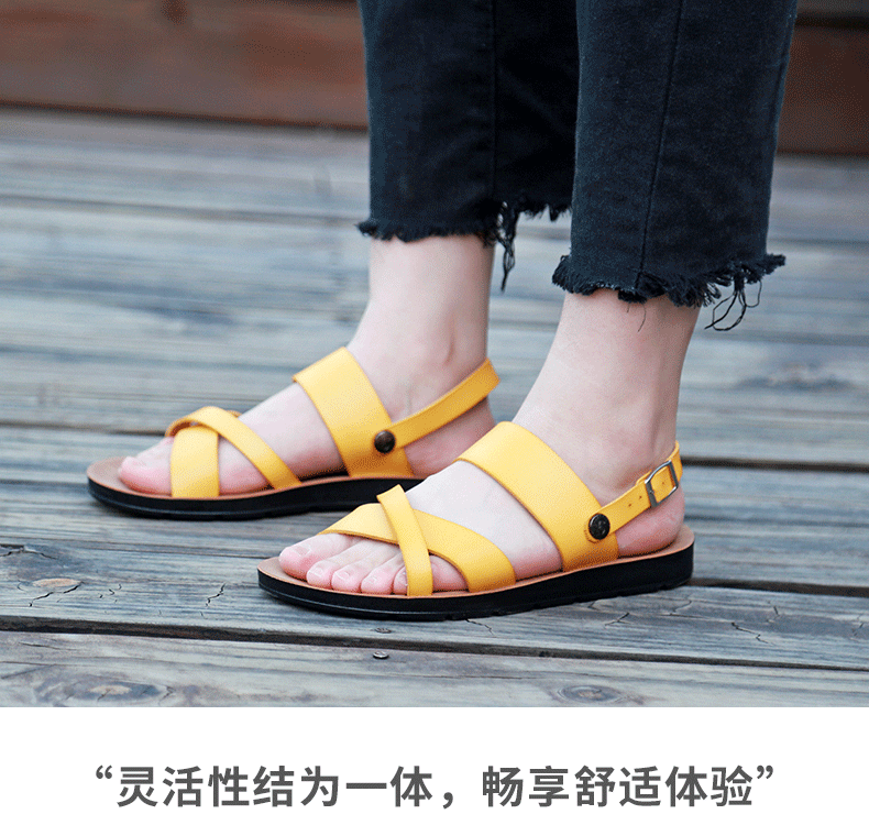 Dép sandal nữ quai ngang đế bằng, dép đi biển thoáng khí mùa hè — Màu vàng, Nâu Đen chi tiết 15