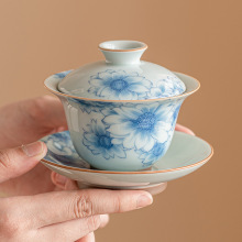 青花向阳玲珑盖碗茶杯不烫手中式三才茶碗带盖陶瓷功夫茶具泡茶碗