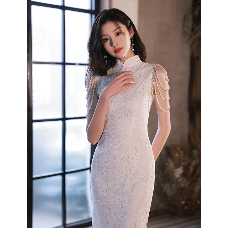 2026 New Style Cheongsam Evening Dress Spring White Birthday Engagement Registration Dress Suitable for Everyday Wear