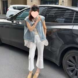 法式牛仔马甲女款小众2026新款设计感撞色领口下摆可拆卸花边韩版
