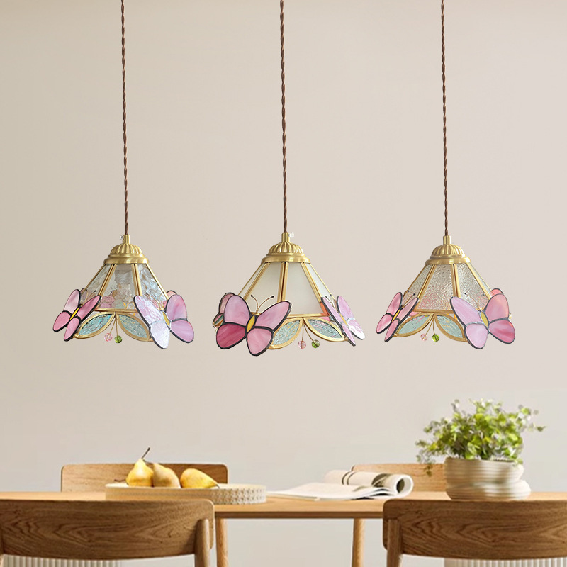 Retro latón hecho a mano vidrieras pequeña araña restaurante japonés caliente noche lámpara francesa Rosa lámpara de mariposa