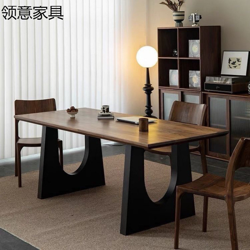 实木餐桌胡桃木色客厅大长书桌工作台大板餐书桌一体会议办公桌|undefined