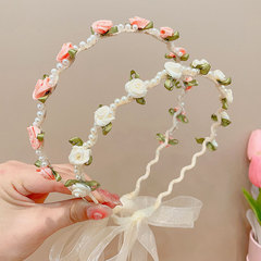 兒童發箍公主風超仙珍珠玫瑰頭箍女童蝴蝶結編發髮帶防滑壓發發卡