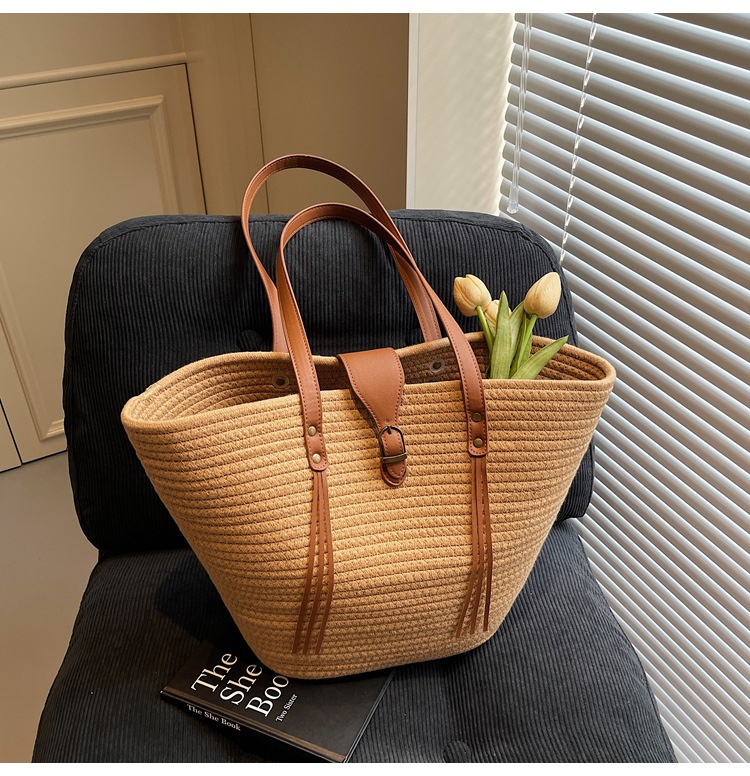 1125g Weight Weave Fashion Element Lock clasp Closure Type Double Shoulder Straps Strap Type Straw Bag Bags Type Casual Occasion cotton rope Material Solid Color Pattern Spring&Summer Season Women's Gender Beach Style Bucket Shape Large Size Women's Large Cotton Rope Solid Color Beach Weave Bucket Lock Clasp Straw Bag 25