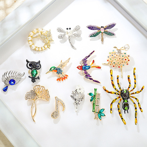 跨境热销高档小动物别针蜘蛛复古满钻猫头鹰胸针法式高级小众饰品