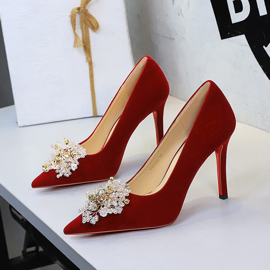 8355-H96 New Chinese Style Thin Heel Shallow Mouth Women's Suede Pointed Toe Wedding Shoes Red Ultra High Heels_vogvips.com