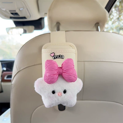 Car cup holder/beverage holder — seat back storage rack, multifunctional - off-white-leather-cup-holder-with-hook-with-five-pointed-star-and-rose-red-bow