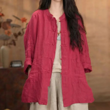 长袖衬衫女2025秋季新款中长款复古民族风立领宽松亚麻上衣