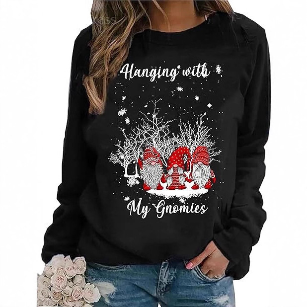 2025 Cross-Border Amazon Autumn and Winter New Women's Christmas Cartoon Santa Claus Snow Print Round Neck Sweatshirt