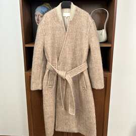 法式小众叠襟V领一粒扣混纺羊毛毛呢大衣绑带收腰