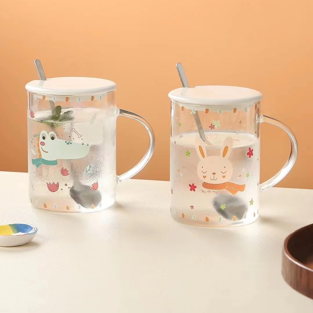 Creativo lindo de alto aspecto vidrio hogar desayuno taza animal mano regalo taza de beber con tapa cuchara taza