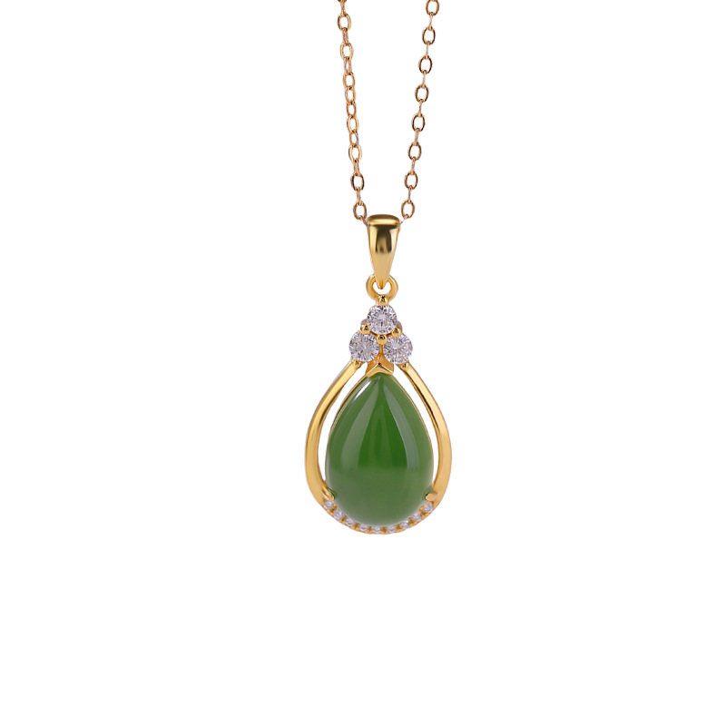 Mặt dây chuyền bạc S925 mạ vàng đá Jasper tự nhiên hình giọt nước dát ánh sáng — Mẫu bạc (không bao gồm dây chuyền)