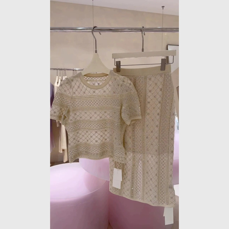 French-Style Elegant Khaki Hollow-Out Knit Sweater for Women, Summer Mature Style Outfit with High-Waisted Skirt Two-Piece Set