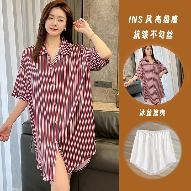 Summer Nightgown for Women, Ice Silk, High-End Summer Sleepwear, New Silk Short-Sleeve Long Loose-Fitting Plus-Size Loungewear for Plus-Size Women