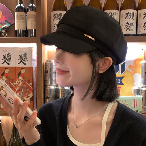 Black beret spring and autumn season Instagram trendy versatile hat for girls Japanese style large circumference to make face look smaller octagonal painter's hat