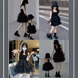 法式亲子装夏季赫本风母女小黑裙蓬蓬纱裙女童吊带公主连衣裙洋气