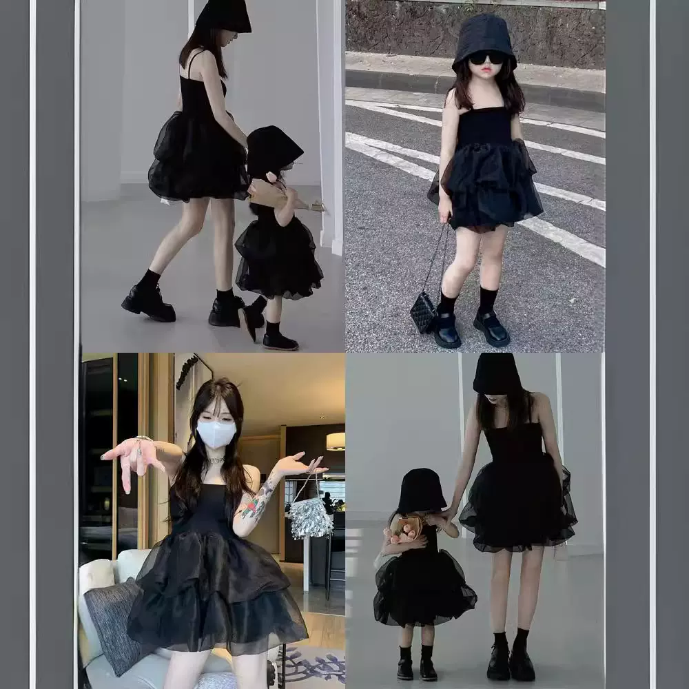 法式亲子装夏季赫本风母女小黑裙蓬蓬纱裙女童吊带公主连衣裙洋气