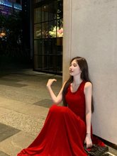 kumikumi复古辣妹套装女红色针织无袖背心夏季大摆裙半身裙两件套