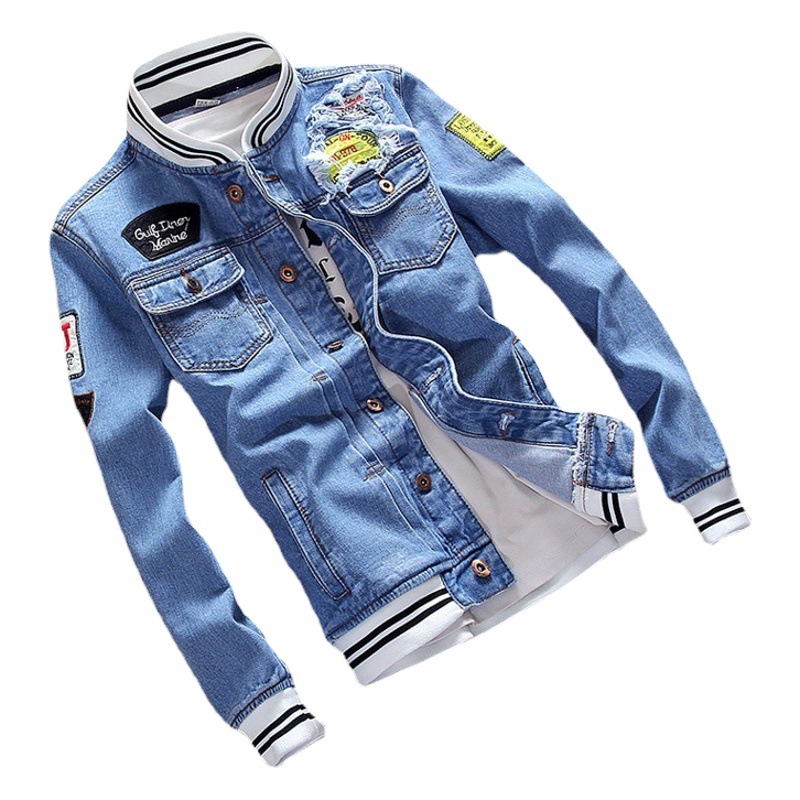 Primavera y otoño Venta caliente chaqueta de mezclilla transfronteriza marca de moda europea y americana más tamaño de los hombres del collar del soporte superior chaqueta de mezclilla de los hombres coreanos
