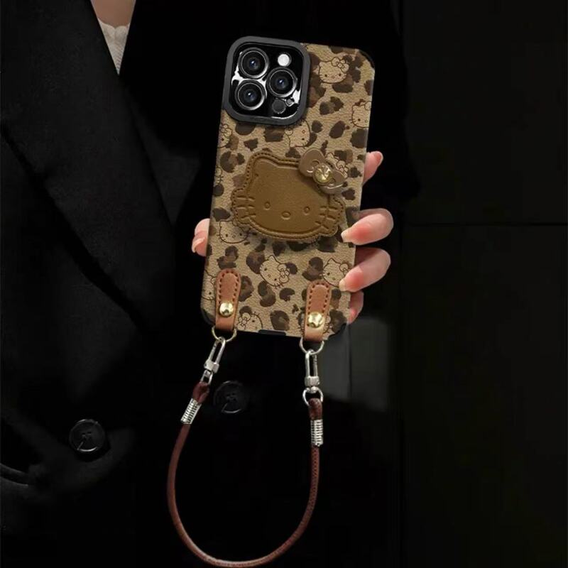 豹纹喵咪立体支架链条适用iPhone16promax苹果15手机壳14新款17软|undefined