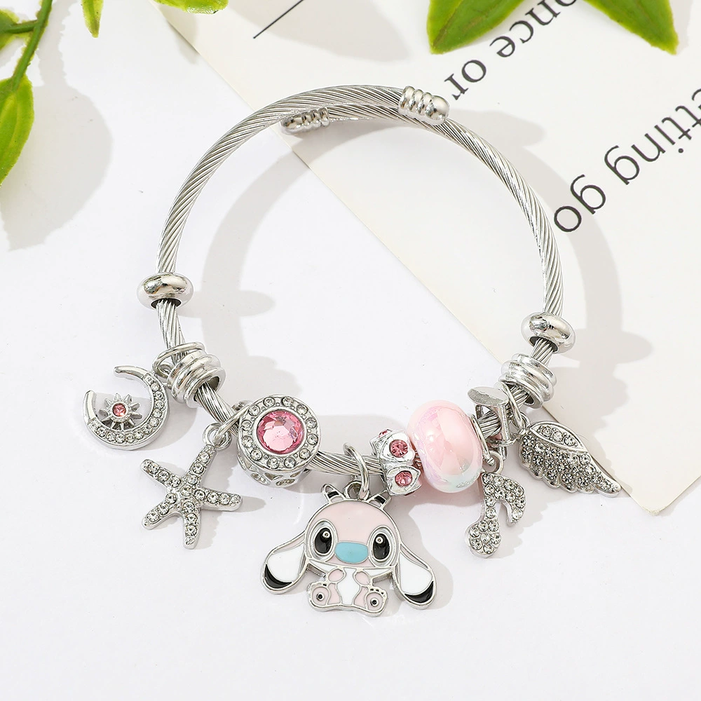 Браслет-талисман Stitch (мультяшный) — металлический кабель, эмалевые подвески, дизайн DIY