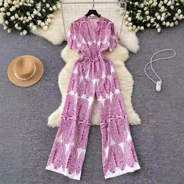 Light Mature Style Summer Women's New Arrival Pants High Waist Slimming V-neck Single-breasted Loose Printed Casual Wide-leg Trousers