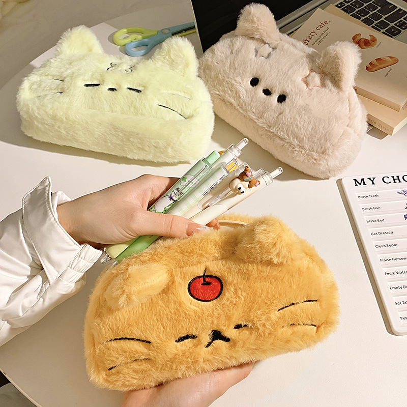 Genuine plush cute capacious universal pencil case for students, high quality stationery, cat 4
