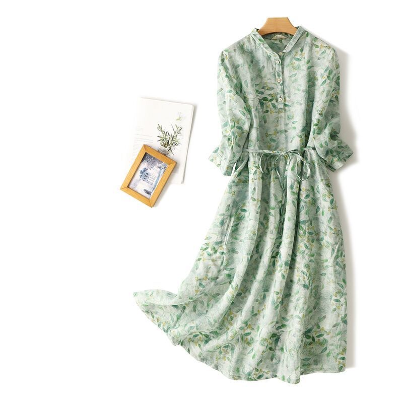 Xinxing Thirteen Lines Early Autumn Cut-Label Cotton and Linen Long Sleeve Dress Floral Waist-Tie Artistic Long Dress Women's Clothing