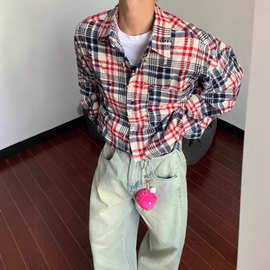 美式复古磨破工艺格子长袖衬衫男女春秋宽松休闲撞色格纹衬衣外套