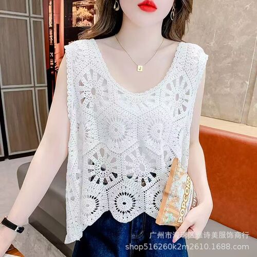 Autumn Ethnic Style Hollow Crochet Floral Fashionable Age-Defying Versatile Unique Design Round Neck Sleeveless Women's Vest Top
