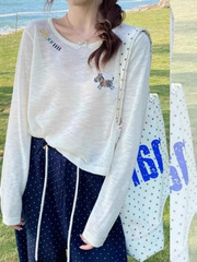 竹节麻白色小马刺绣冰丝针织防晒罩衫长袖t恤女夏季宽松薄纱上衣