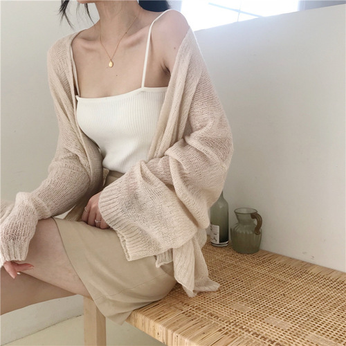 Loose Plus Size Spring and Autumn Long-Sleeve Sun Protection Shirt Air Conditioning Shirt Thin Knit Cardigan Solid Color Outerwear for Women