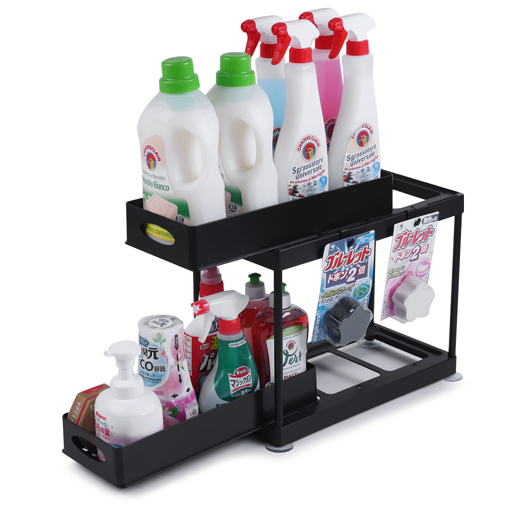 DIY push-pull gabinete estante de almacenamiento de doble capa de almacenamiento de gabinete de baño fregadero de cocina de plástico extraíble estante de almacenamiento