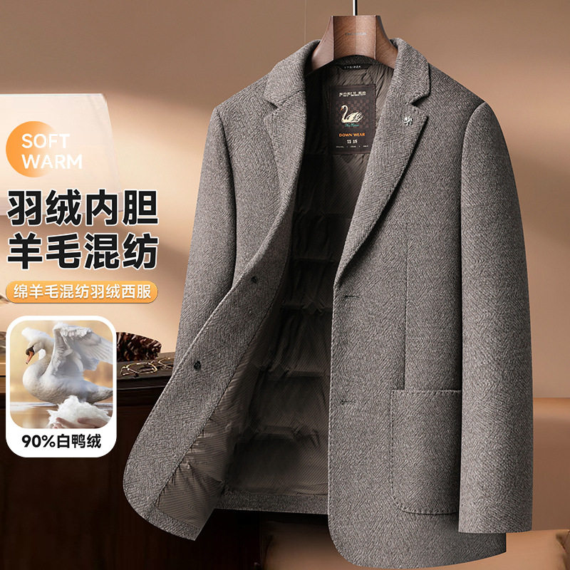 Áo vest nam dạ len pha lông vũ lót trong dày dặn kiểu công sở — Màu xanh da trời, màu be, màu cà phê