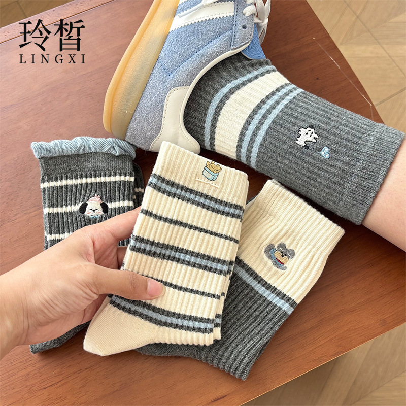 Spring and Autumn Cotton Socks, Gray Slouch Socks, Lace Striped Socks, Women's Mid-Calf Socks, College Style Long Socks, Zhuji Socks
