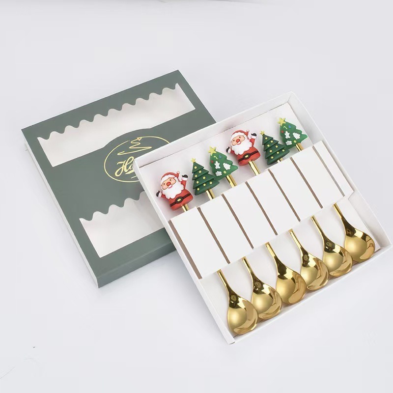 Cucharas de acero inoxidable transfronterizas muñecas de Papá Noel cubiertos cajas de regalo caseras de café mezclador cucharas de postre horquilla de frutas