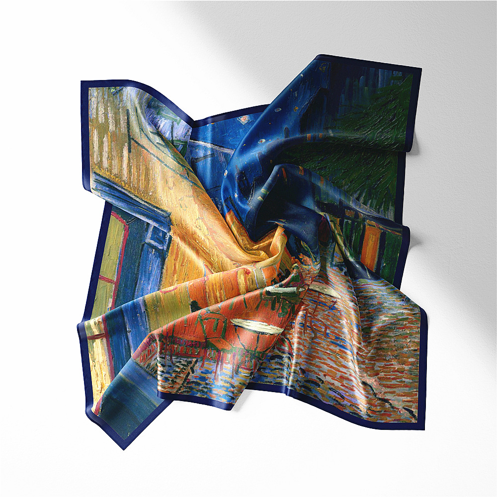 Basic Style An Gogh Oil Painting Cafe Ladies Twill Small Square Scarf Small Silk Scarf