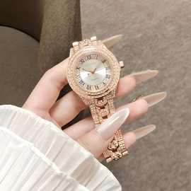 玫瑰金满钻石英手表复古罗马表盘精致镂空链条轻奢潮流腕表批发
