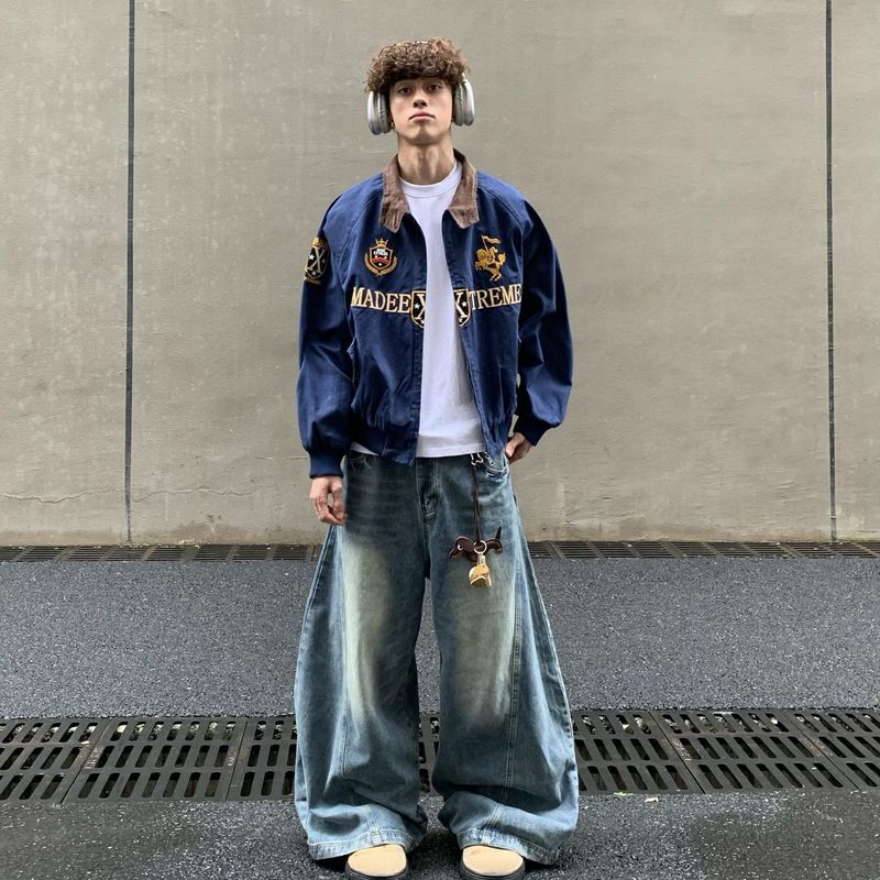 潮牌藏蓝色短款棒球服外套街头cleanfit美式复古夹克男宽松男外套|undefined