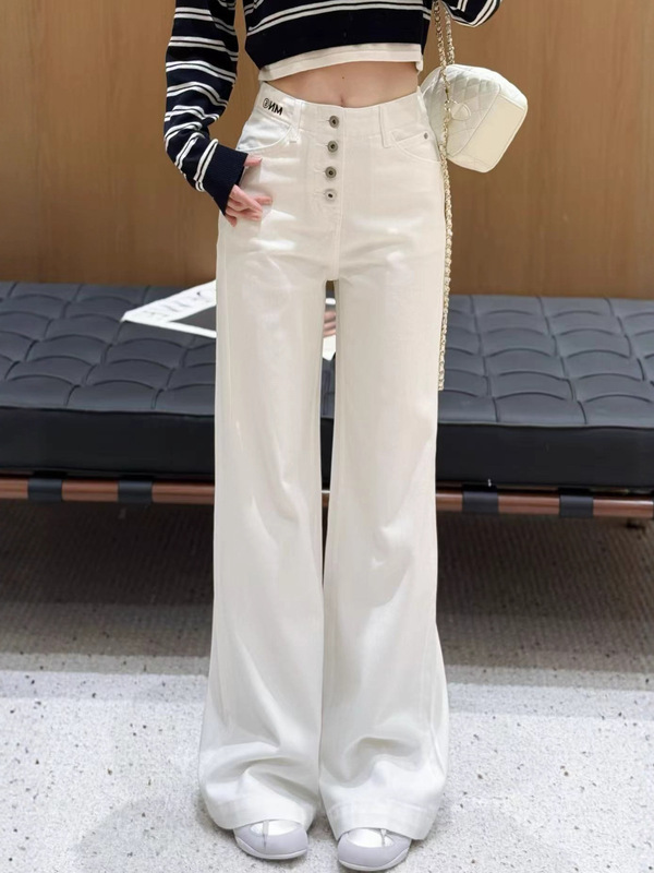 白色纽扣设计感牛仔裤刺绣logo高腰显瘦阔腿裤南油女秋垂感直筒裤|undefined