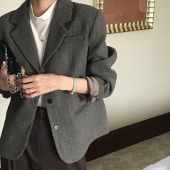 跨境 实拍 2025秋冬日系复古人字纹毛呢西装单排扣宽松外套女 2色