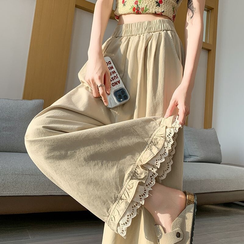 Blue wide-leg pants for women, new summer style, thin, petite-friendly, loose, slimming, straight-leg, lace-trimmed, cropped casual pants, trendy Blue wide-leg pants for women, new summer style, thin, petite-friendly, loose, slimming, straight-leg, lace-trimmed, cropped casual pants, trendy