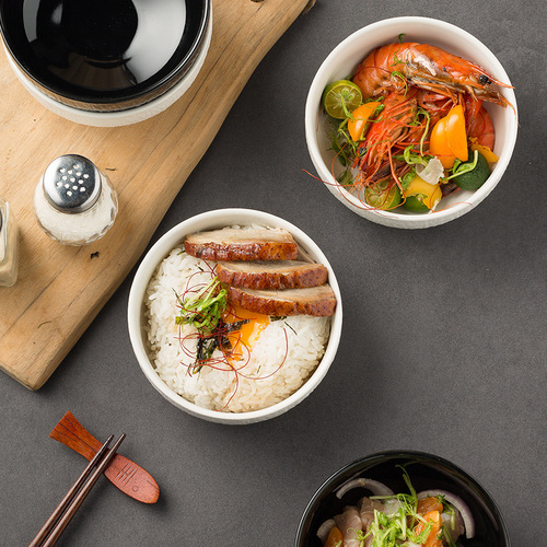 Japanese creative cooking tableware hotel commercial rice bowl household ceramic bowl single black and white new style for one person