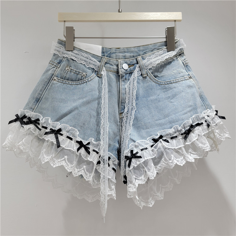 Pantalones Cortos de Mezclilla con Encaje de Mezclilla, Tiro Alto y Detalle de Encaje, para Verano image 3