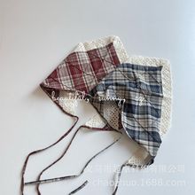 春夏四季款格子蕾丝边儿童复古三角巾多用屁帘头巾