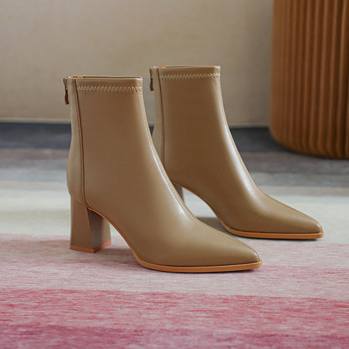 Fuhao pointed toe short boots high heel women's leather boots  new winter women's shoes back zipper French bare boots simple